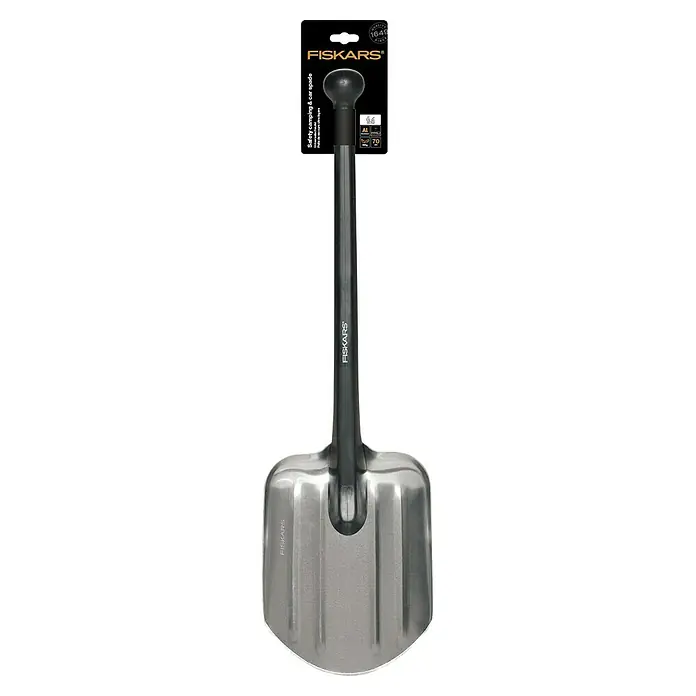 Fiskars Autoschaufel - Breite: 29 cm, Schwarz - Das Bild zeigt einen Fiskars Auto- und Campingspaten mit Aluminiumblatt und schwarzem Griff für den einfachen Gebrauch unterwegs.