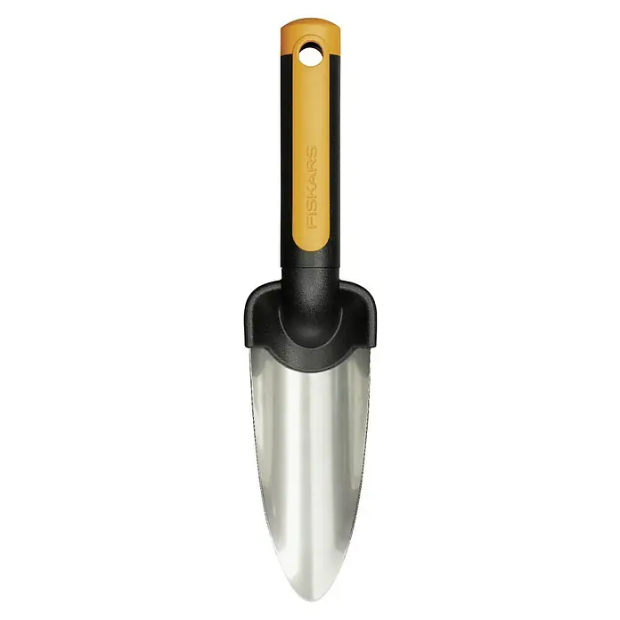 Fiskars Premium Pflanzkelle - Länge: 27,8 cm - Nahaufnahme eines Fiskars Gartenhandspatens mit gelbem Griff und polierter Metallschaufel.