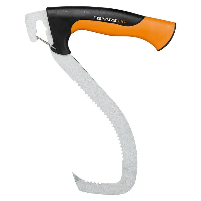 Fiskars WoodXpert Haken - Länge: 30,5 cm - Nahaufnahme einer Astsäge von Fiskars, Modell LH4, mit orangefarbenem Griff und gebogener Klinge, ideal für Baumschnittarbeiten.