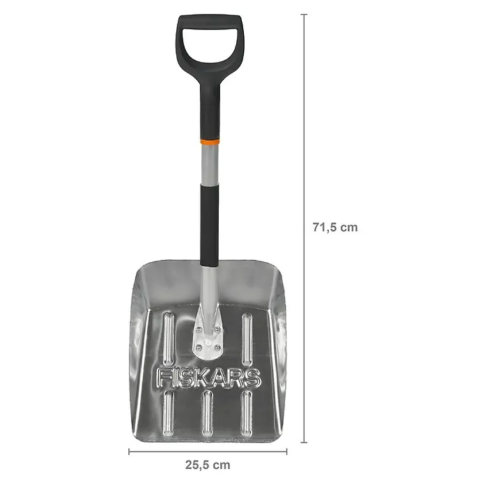 Fiskars Solid Autoschaufel - Breite: 25,5 cm, Aluminium, Geeignet für: Schnee - Abbildung einer Fiskars Schneeschaufel mit D-Griff und den Maßen 71,5 cm Höhe und 25,5 cm Breite.