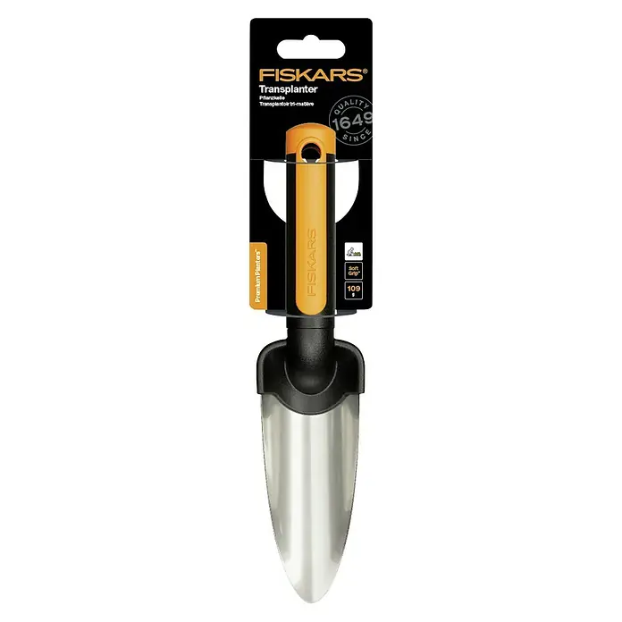 Fiskars Premium Pflanzkelle - Länge: 27,8 cm - Abgebildet ist ein Fiskars Transplanter, ein hochwertiger Pflanzkelle mit Soft Grip, ideal für Gartenarbeiten und das Umsetzen von Pflanzen.