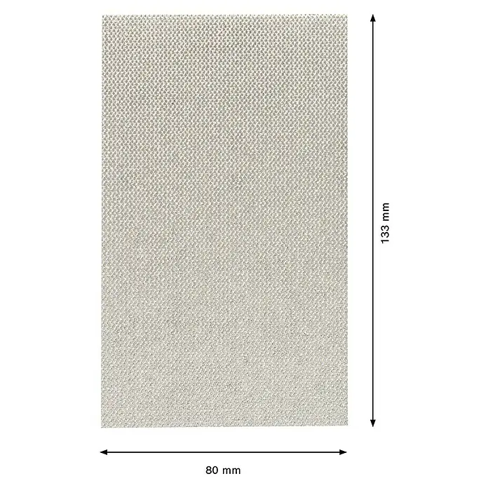 Bosch Expert Schleifgitter M480 - Körnung: 80, L x B: 133 x 80 mm, 10 Stk. - Detailaufnahme eines rechteckigen Stoffmusters mit den Maßen 80 mm x 133 mm, das eine feine, textile Struktur aufweist.