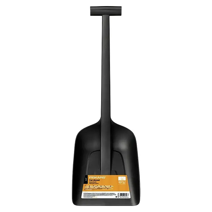 Fiskars Solid Autoschaufel - Breite: 21,5 cm, Kunststoff, Geeignet für: Schnee - Abbildung einer schwarzen Fiskars Autoschaufel mit T-Griff und orangefarbenem Etikett mit Produktinformationen.