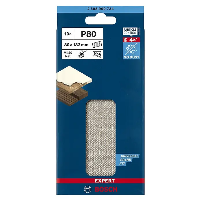 Bosch Expert Schleifgitter M480 - Körnung: 80, L x B: 133 x 80 mm, 10 Stk. - Das Bild zeigt eine Packung Bosch Expert M480 Net Schleifgitter P80 mit den Maßen 80x133mm und dem Hinweis auf Staubkontrolle.