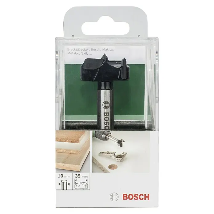 Bosch Holzbohrer - 1 Stk., Durchmesser Bohrer: 35 mm - Nahaufnahme einer Bosch Forstnerbohrer Verpackung, kompatibel mit Black&Decker, Makita und Metabo, für präzise Holzarbeiten.