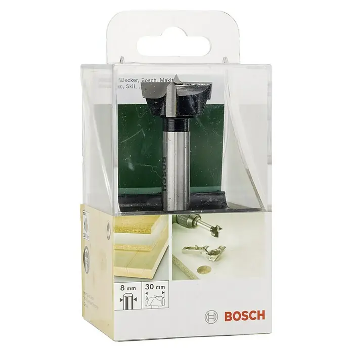 Bosch Holzbohrer - 1 Stk., Durchmesser Bohrer: 30 mm - Verpackte Forstnerbohrer von Bosch, geeignet zum Bohren von Löchern für Scharniere in Holz. Die Bohrergrößen sind 8 mm und 30 mm.