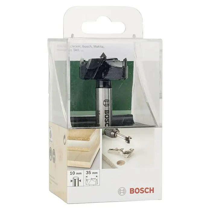 Bosch Holzbohrer - 1 Stk., Durchmesser Bohrer: 35 mm - Nahaufnahme einer 35-mm-Forstnerbohrer-Bit-Packung von Bosch, geeignet für verschiedene Bohrmaschinenmarken wie Decker und Makita.