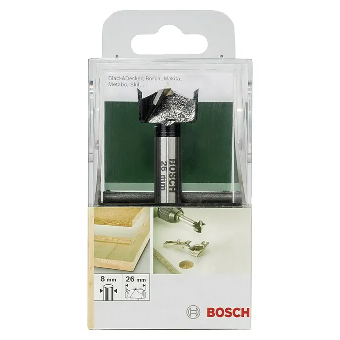 Bosch Holzbohrer - 1 Stk., Durchmesser Bohrer: 26 mm - Das Bild zeigt einen Bosch Forstnerbohrer mit 26 mm Durchmesser, der in einer durchsichtigen Verpackung präsentiert wird, geeignet für diverse Bohrmaschinen.