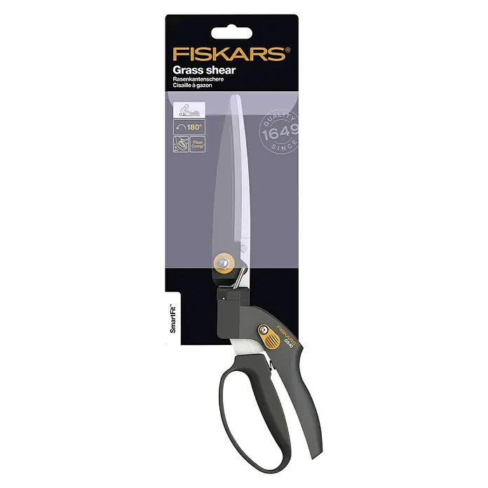 Fiskars Smartfit Rasenkantenschere GS40 - Länge: 35,5 cm - Abbildung der Fiskars Grasschere GS40. Die Grasschere hat einen um 180° drehbaren Schneidkopf und einen SmartFit™ Griff.