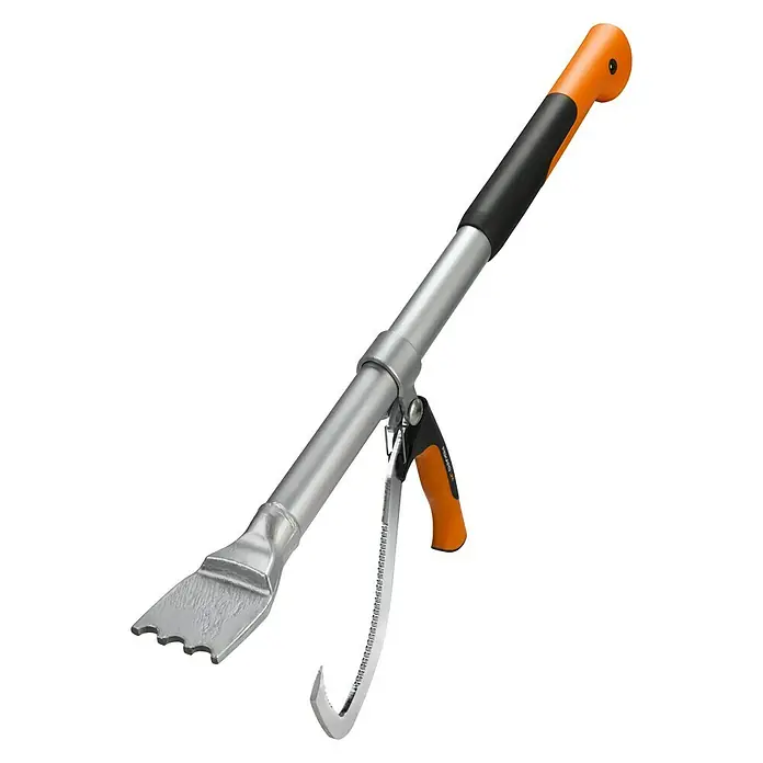 Fiskars WoodXpert Fällheber mit Wendehilfe M - 70 cm - Das Bild zeigt eine Teleskop-Astschere mit orangem Griff und silberfarbenem Schaft vor einem schwarzen Hintergrund.