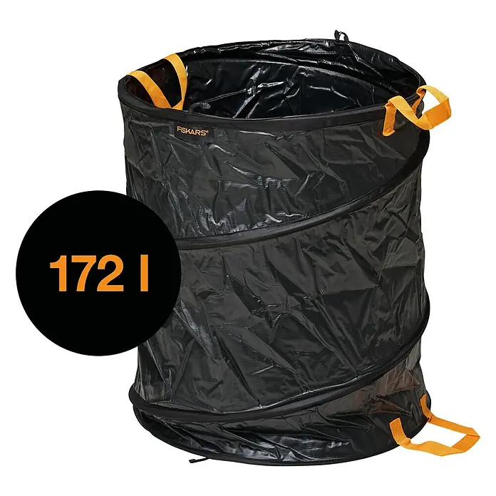 Fiskars Solid Pop-Up Gartenabfallsack - 172 l - Schwarzer Fiskars Laubsack mit orangefarbenen Tragegriffen und einem Fassungsvermögen von 172 Litern.
