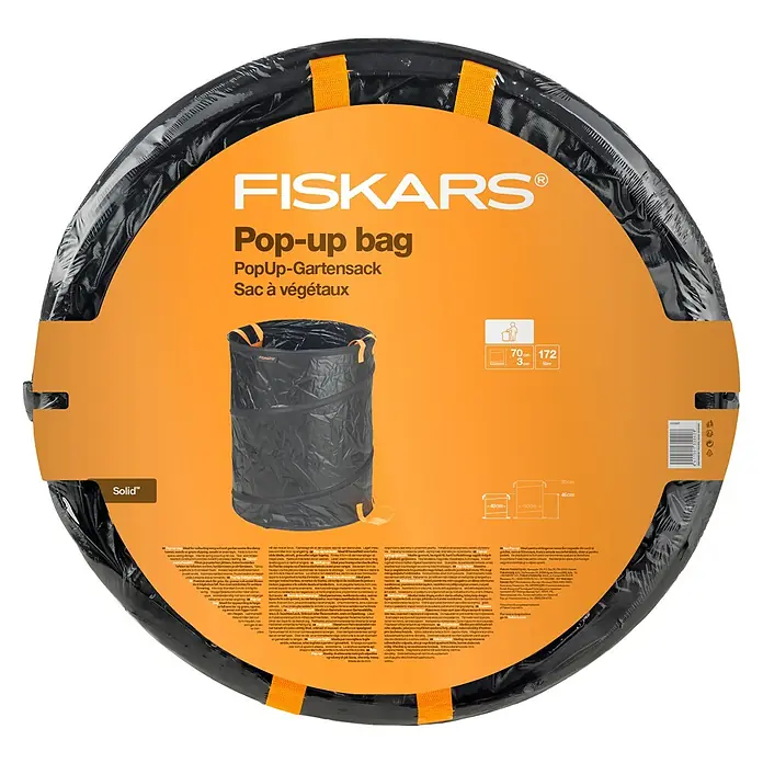 Fiskars Solid Pop-Up Gartenabfallsack - 172 l - Die Abbildung zeigt eine verpackte Fiskars Pop-up Gartentasche in Schwarz und Orange.