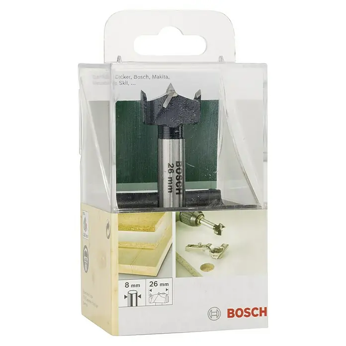 Bosch Holzbohrer - 1 Stk., Durchmesser Bohrer: 26 mm - Ein 26 mm Forstnerbohrer von Bosch in der Originalverpackung. Geeignet für Holzbearbeitung mit Bohrmaschinen verschiedener Marken.