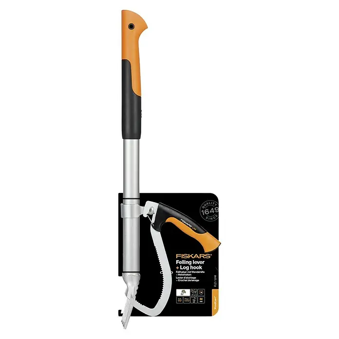 Fiskars WoodXpert Fällheber mit Wendehilfe M - 70 cm - Eine Nahaufnahme des Fiskars Fällhebers + Stammheber, ein Werkzeug zum Fällen von Bäumen und Bewegen von Stämmen.