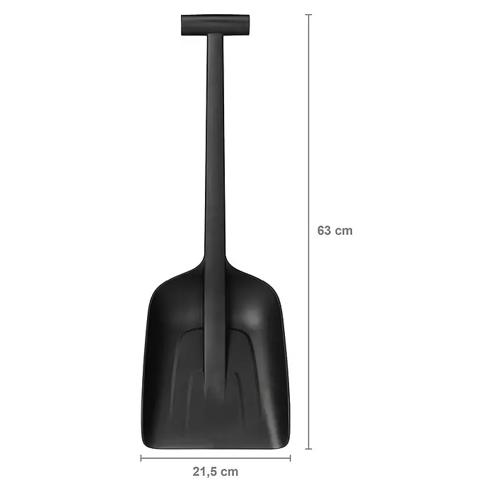 Fiskars Solid Autoschaufel - Breite: 21,5 cm, Kunststoff, Geeignet für: Schnee - Eine schwarze Schneeschaufel mit den Maßen 63 cm Höhe und 21,5 cm Breite.