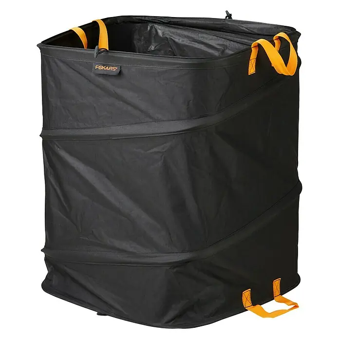 Fiskars Ergo Pop-Up Gartenabfallsack - 219 l - Schwarzer, zusammenklappbarer Gartenabfallsack von Fiskars mit gelben Griffen für den einfachen Transport von Gartenabfällen.