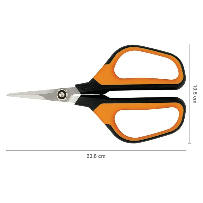Fiskars Solid Gartenschere SP 150 - Länge: 24 cm - Präzisionsschere von Fiskars mit orange-schwarzen Griffen und Maßangaben für Länge und Breite.