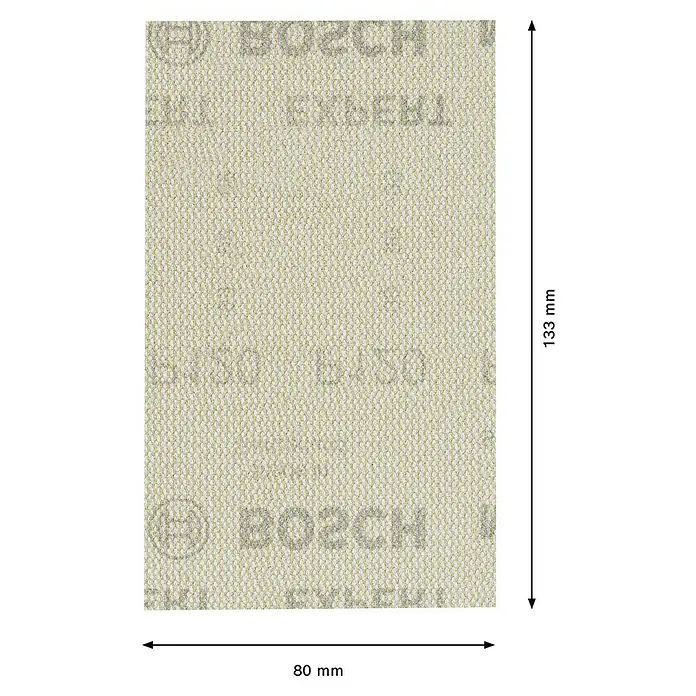 Bosch Expert Schleifgitter M480 - Körnung: 120, L x B: 133 x 80 mm, 10 Stk. - Abbildung eines Bosch Schleifpapiers mit den Maßen 80mm x 133mm.