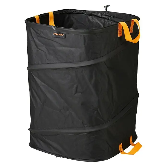 Fiskars Ergo Pop-Up Gartenabfallsack - 175 l - Schwarzer Fiskars Laubsack mit orangefarbenen Griffen. Ideal für Gartenabfälle und einfach zu verstauen, dank des Pop-Up-Designs.