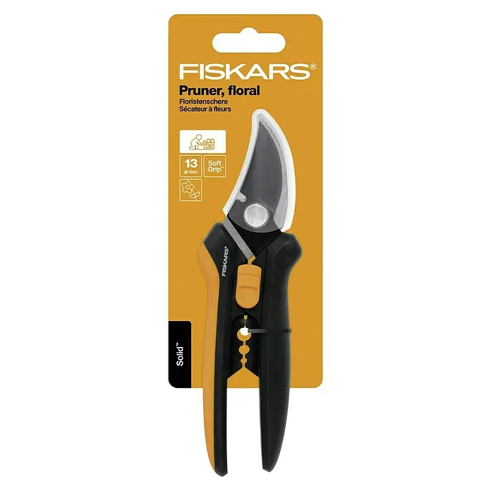 Fiskars Gartenschere SP 141 - Länge: 18,5 cm - Nahaufnahme der Fiskars Solid™ Blumenschere, ideal zum Schneiden von Blumen und kleinen Ästen im Garten, mit ergonomischem Griff für Komfort.