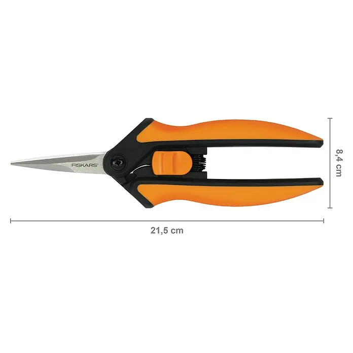 Fiskars Solid Gartenschere Microtip SP 130 - Länge: 21,5 cm - Eine Nahaufnahme einer Gartenschere von Fiskars mit orangefarbenen Griffen und Messmaßen.