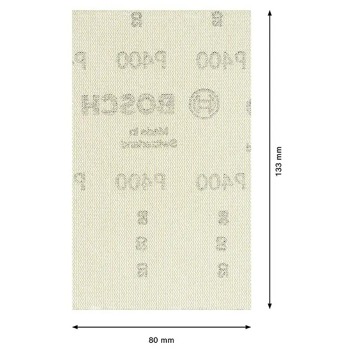 Bosch Expert Schleifgitter M480 - Körnung: 480, L x B: 133 x 80 mm, 10 Stk. - Bild eines rechteckigen Bosch Schleifpapiers mit den Maßen 80 mm x 133 mm, geeignet für Schleifarbeiten verschiedener Materialien.
