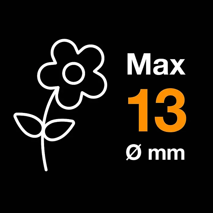 Fiskars Gartenschere SP 141 - Länge: 18,5 cm - Symbolbild mit Blume und Angabe "Max 13 ø mm" für die maximale Pflanzlochgröße.