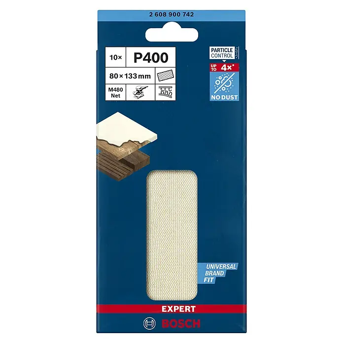 Bosch Expert Schleifgitter M480 - Körnung: 480, L x B: 133 x 80 mm, 10 Stk. - Bosch Expert M480 Schleifgitter, Körnung P400, 10 Stück, 80x133mm, für Schleifmaschinen, staubreduziert und universell passend.