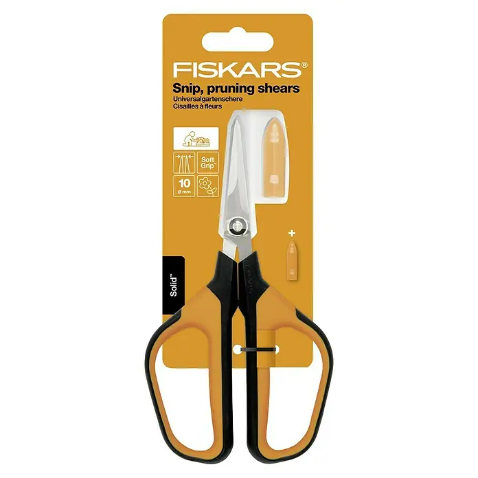 Fiskars Solid Gartenschere SP 150 - Länge: 24 cm - Fiskars Gartenschere mit orange-schwarzen Griffen, ideal zum Schneiden und Trimmen von Blumen und Pflanzen im Garten.