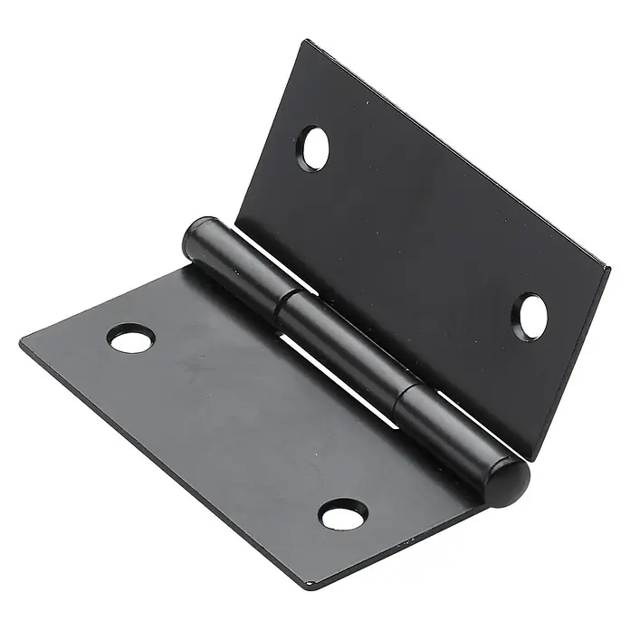 Hettich Scharnier - L x B x S: 50 x 50 x 1 mm, Stahl, Schwarz - Nahaufnahme eines schwarzen Türbandes mit Löchern für Schrauben, das zur Hälfte geöffnet ist.