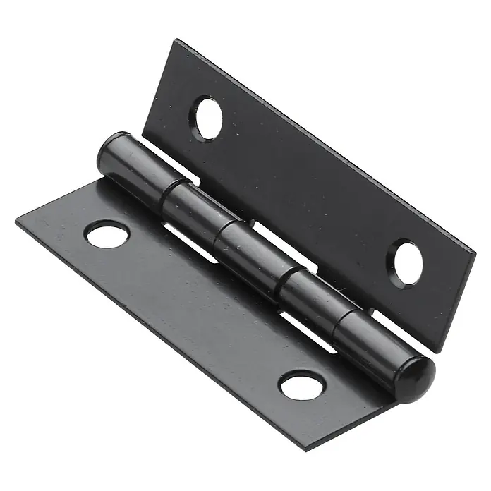 Hettich Scharnier - L x B x S: 50 x 30 x 1,2 mm, Stahl, Schwarz - Nahaufnahme eines schwarzen Türbandes, das teilweise geöffnet ist und die Scharnierstruktur mit den Befestigungungslöchern zeigt.