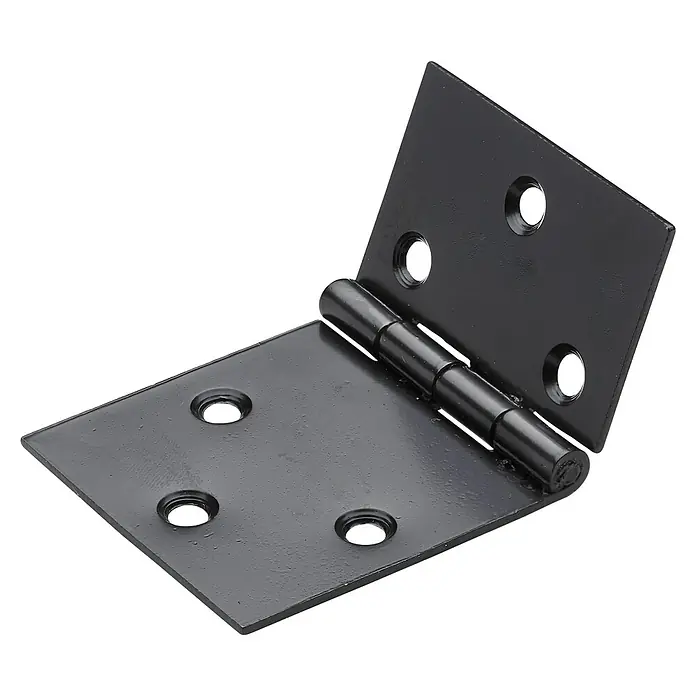 Hettich Scharnier - L x B x S: 50 x 85 x 2 mm, Stahl, Schwarz - Ein schwarzes Winkelband mit vier Löchern auf jedem Flügel, ideal für robuste Verbindungen und Anwendungen im Bauwesen.