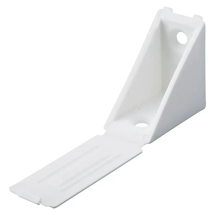 Hettich Eckverbinder - L x B x H: 31 x 24 x 31 mm, Kunststoff, Weiß, 12 Stk. - Nahaufnahme einer weißen, dreieckigen Eckwinkelhalterung mit Verlängerung, ideal zur Verstärkung von Möbeln und Regalen.