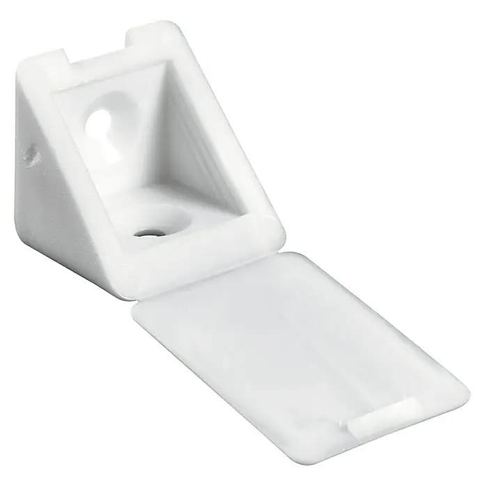 Hettich Eckverbinder - L x B x H: 22 x 24 x 22 mm, Kunststoff, Weiß, 12 Stk. - Ein weißer Eckverbinder mit Abdeckung. Das Winkelstück ist aus Kunststoff und hat Löcher für Schrauben zur Befestigung.