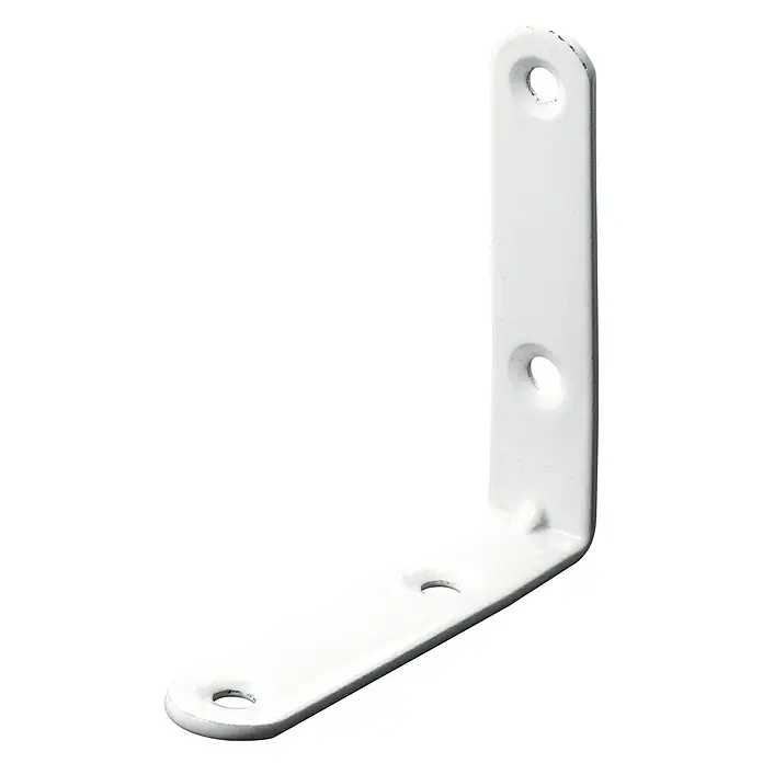Hettich Stuhlwinkel - L x B x H: 70 x 70 x 15 mm, Stahl, Weiß - Nahaufnahme einer weißen Winkelkonsole mit Löchern, ein vielseitiges Beschlagteil für Möbel und Regale.