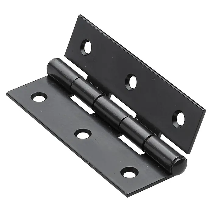 Hettich Scharnier - L x B x S: 70 x 35 x 1 mm, Stahl, Schwarz - Nahaufnahme eines schwarzen Türbandes, das teilweise geöffnet ist und Schraubenlöcher zeigt.
