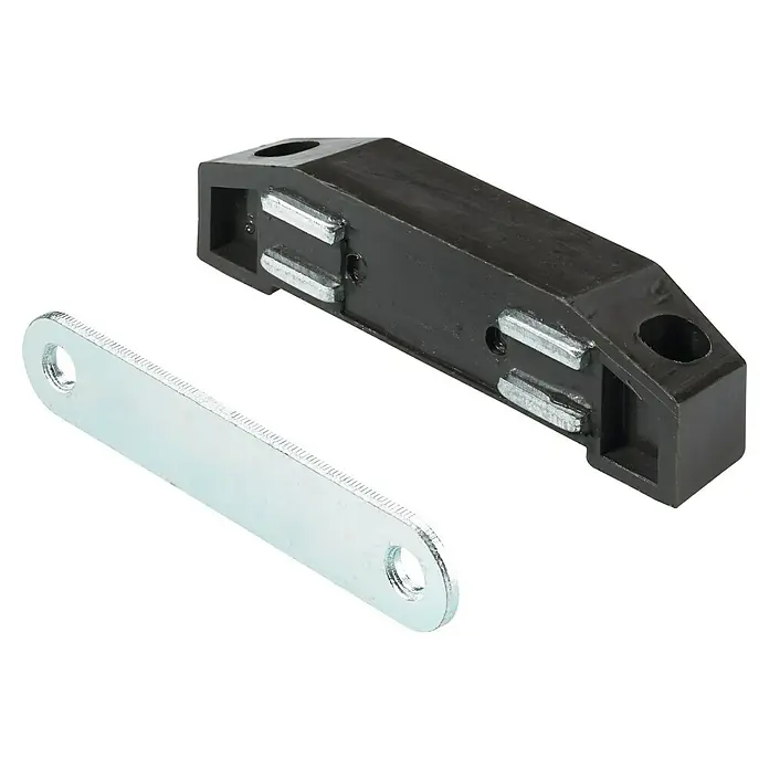 Hettich Magnetverschluss - Haftkraft: 8 kg, Schwarz - Ein magnetischer Türstopper in Schwarz mit einer Metallplatte, ideal für die unauffällige Sicherung von Türen.