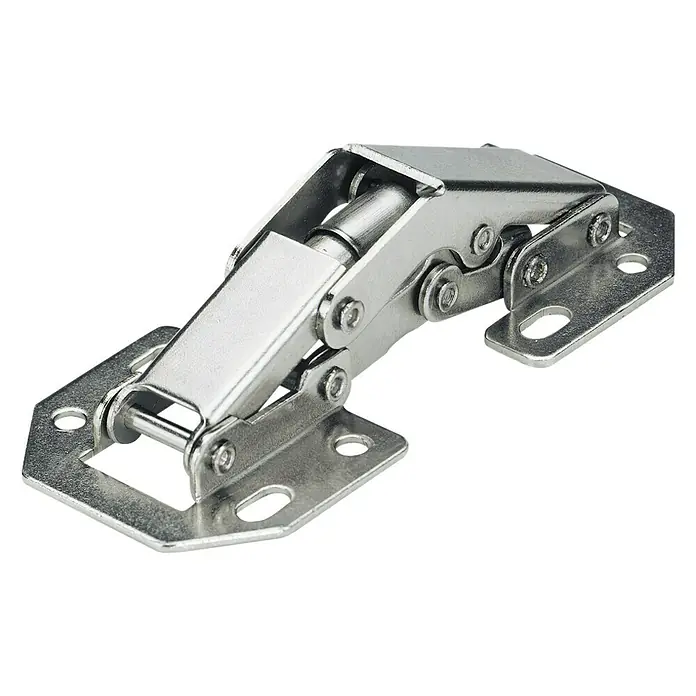 Hettich Federscharnier Mini - B x L: 33 x 77 mm, Stahl, Verzinkt - Detailaufnahme eines Möbelscharniers aus Metall mit mehreren Schraubenlöchern zur Befestigung an einer Oberfläche.