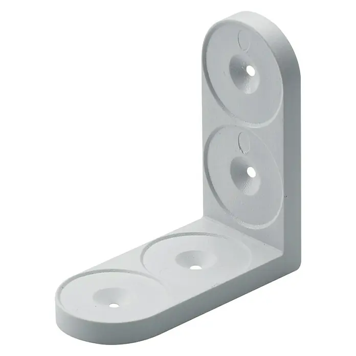Hettich Eckverbinder - L x B x H: 50 x 50 x 22 mm, Kunststoff, Weiß - Nahaufnahme einer weißen Winkelhalterung mit mehreren runden Aussparungen auf einem schwarzen Hintergrund.