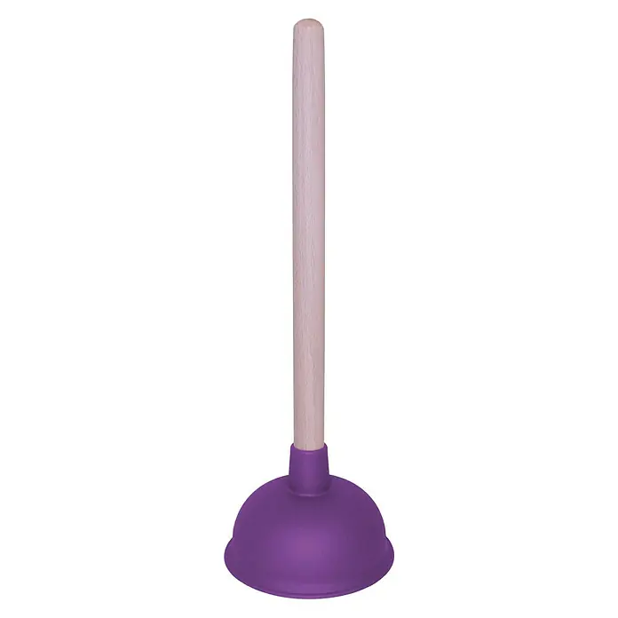 Ausgussreiniger - Durchmesser: 135 mm, Violett - Nahaufnahme eines violetten Pömpels mit Holzgriff, ein Werkzeug zur Reinigung von Abflüssen.