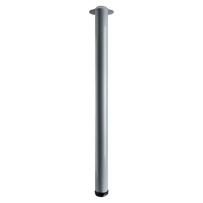 Hettich Teleskop-Möbelfuß Tara - Durchmesser: 7,5 cm, Höhenverstellung: 110 cm - 113 cm, Traglast: 150 kg, Stahl, Grau - Das Bild zeigt eine einzelne, silberfarbene Möbelsäule mit einem Befestigungsflansch an beiden Enden, isoliert vor einem schwarzen Hintergrund.