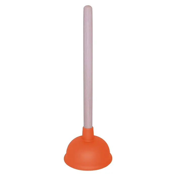Ausgussreiniger - Durchmesser: 135 mm, Orange - Ein orangefarbener Pömpel mit Holzgriff, ein nützliches Werkzeug für Sanitärinstallationen.