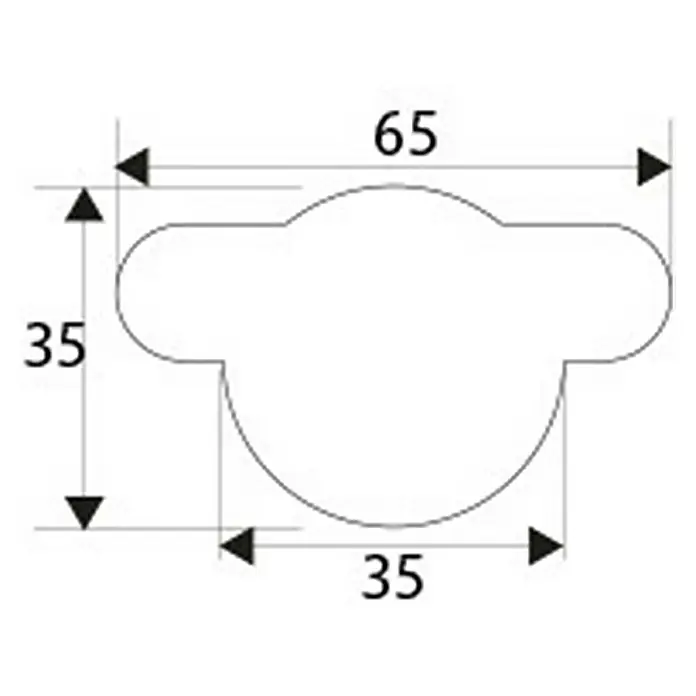 Micel Brimic Tapón embellecedor TPN4 - Pegado, Blanco, 8 ud. - Dibujo del producto con dimensiones. La pieza tiene 65 mm de ancho y 35 mm de alto. El redondeo inferior tiene un diámetro de 35 mm.