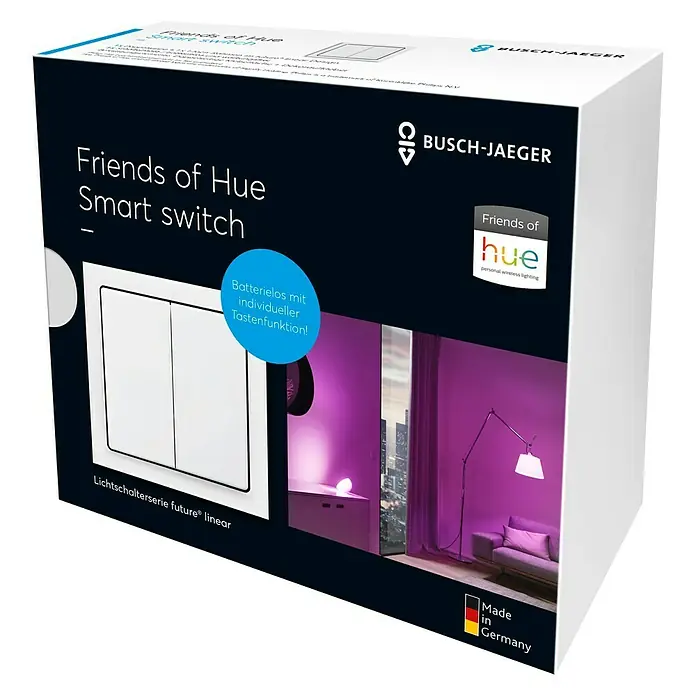 Busch-Jaeger Future Linear Serienwechselschalter Friends of Hue smart switch 6716 UJ-84 - Studioweiß - Produktverpackung eines Friends of Hue Smart Switch von Busch-Jaeger. Der Schalter ist batterielos und individuell programmierbar.