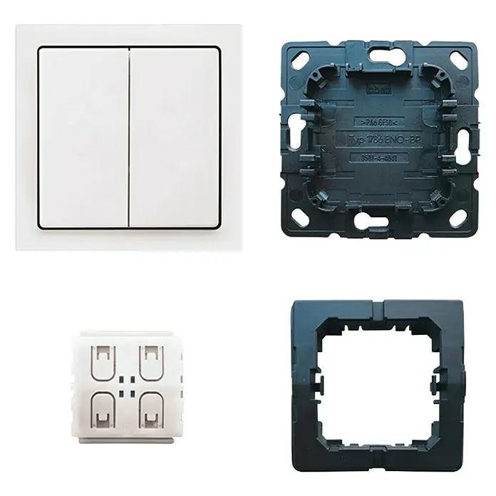 Busch-Jaeger Future Linear Serienwechselschalter Friends of Hue smart switch 6716 UJ-84 - Studioweiß - Lichtschalter-Set: weiße Doppelwippe, blaugraue Montageplatte und Rahmen, sowie ein Einsatz für die Schalterwippen.