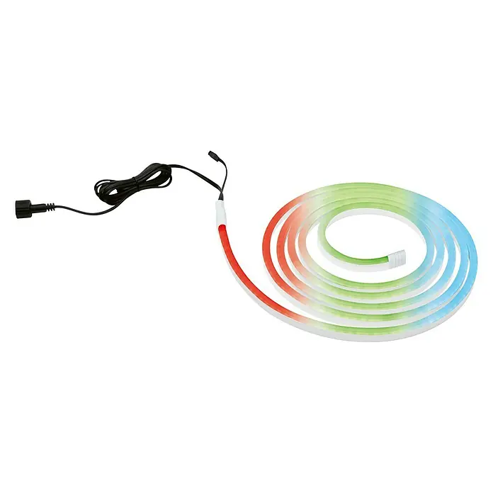 Paulmann LED-Band - Länge: 300 cm, Lichtfarbe: RGB, 19,5 W, 114 lm, 230 V - Buntes LED-Lichtband, das sich spiralförmig aufrollt und von Rot über Grün bis Blau verläuft, mit zugehörigem schwarzem Stromkabel.
