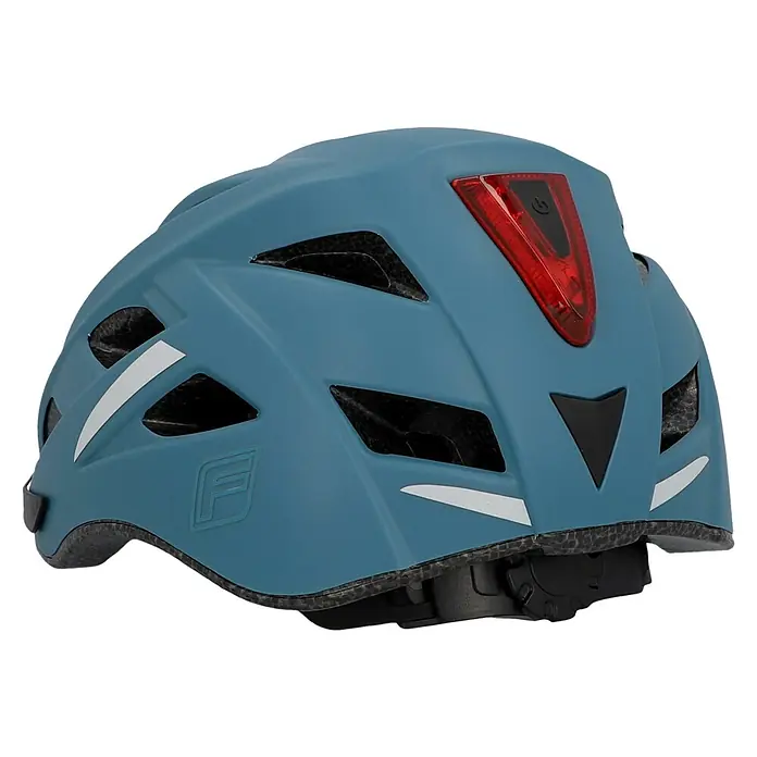 Fischer Casco para bicicleta Urban Plus Chicago - L/XL 58 - 61 cm, Azul - Vista de un casco de bicicleta azul, con luz trasera roja y orificios de ventilación para mayor comodidad y seguridad.
