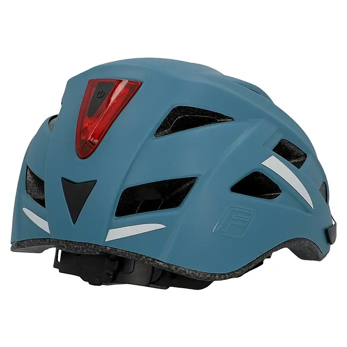 Fischer Fahrradhelm Urban Plus Chicago - S/M 52 - 59 cm, Türkisblau - Die Rückansicht eines blauen Fahrradhelms mit integriertem Rücklicht und Belüftungsöffnungen bietet Sicherheit und Komfort beim Radfahren.