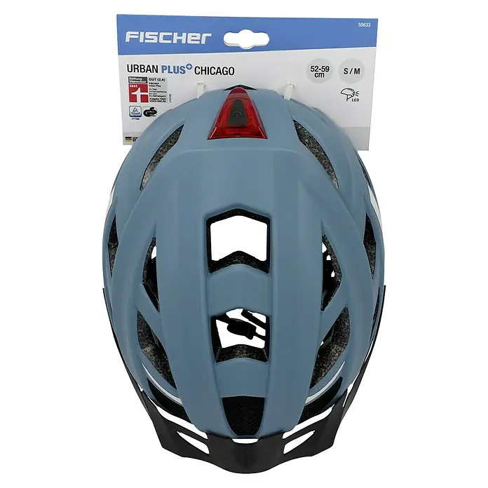 Fischer Casco para bicicleta Urban Plus Chicago - L/XL 58 - 61 cm, Azul - La imagen muestra un casco de bicicleta gris "Fischer Urban Plus Chicago" con luz LED integrada, talla S/M (52-59cm).