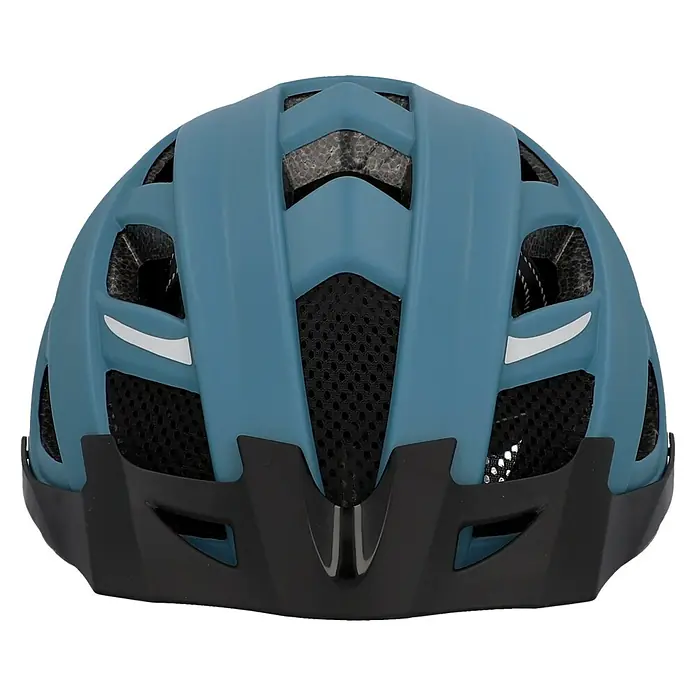 Fischer Fahrradhelm Urban Plus Chicago - S/M 52 - 59 cm, Türkisblau - Frontansicht eines blau-schwarzen Fahrradhelms mit Belüftungsöffnungen und Visier. Der Helm bietet Schutz und Komfort beim Radfahren.